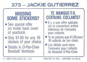 1985 O-Pee-Chee Stickers #373 Jackie Gutierrez Back