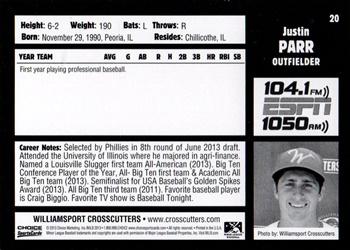 2013 Choice Williamsport Crosscutters #20 Justin Parr Back