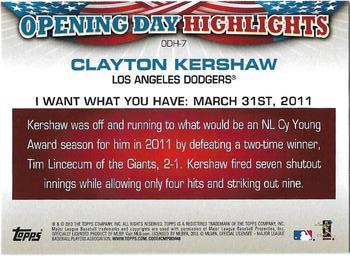2013 Topps Opening Day - Highlights #ODH-7 Clayton Kershaw Back