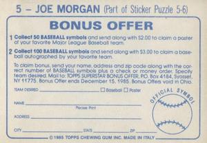 1985 Topps Stickers #5 Joe Morgan Back