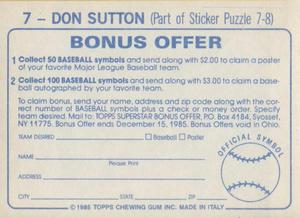 1985 Topps Stickers #7 Don Sutton Back