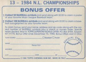 1985 Topps Stickers #13 1984 N.L. Championships Back