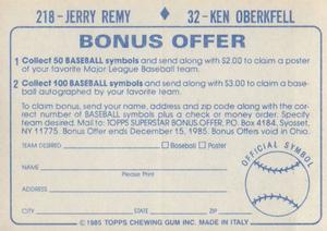 1985 Topps Stickers #32 / 218 Ken Oberkfell / Jerry Remy Back