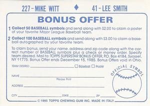 1985 Topps Stickers #41 / 227 Lee Smith / Mike Witt Back