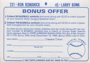 1985 Topps Stickers #45 / 231 Larry Bowa / Ron Romanick Back