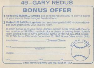 1985 Topps Stickers #49 Gary Redus Back