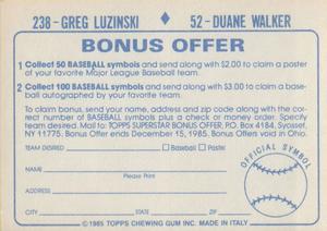 1985 Topps Stickers #52 / 238 Duane Walker / Greg Luzinski Back