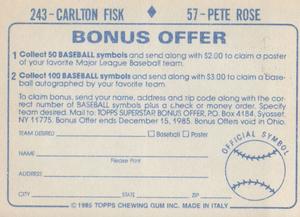 1985 Topps Stickers #57 / 243 Pete Rose / Carlton Fisk Back