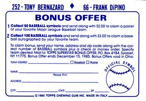 1985 Topps Stickers #66 / 252 Frank DiPino / Tony Bernazard Back