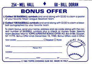 1985 Topps Stickers #68 / 254 Bill Doran / Mel Hall Back