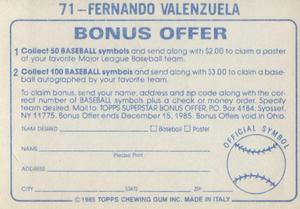1985 Topps Stickers #71 Fernando Valenzuela Back
