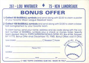1985 Topps Stickers #75 / 261 Ken Landreaux / Lou Whitaker Back