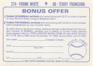 1985 Topps Stickers #88 / 274 Terry Francona / Frank White Back