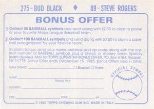 1985 Topps Stickers #89 / 275 Steve Rogers / Bud Black Back