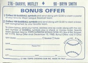 1985 Topps Stickers #90 / 276 Bryn Smith / Darryl Motley Back