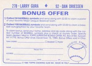 1985 Topps Stickers #92 / 278 Dan Driessen / Larry Gura Back