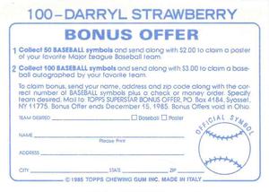 1985 Topps Stickers #100 Darryl Strawberry Back
