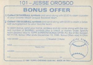 1985 Topps Stickers #101 Jesse Orosco Back