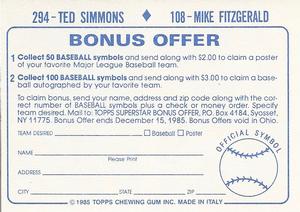 1985 Topps Stickers #108 / 294 Mike Fitzgerald / Ted Simmons Back