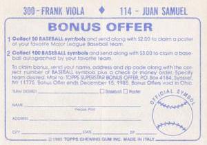 1985 Topps Stickers #114 / 300 Juan Samuel / Frank Viola Back