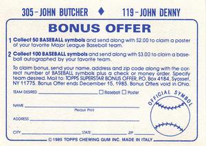 1985 Topps Stickers #119 / 305 John Denny / John Butcher Back