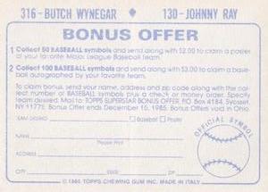 1985 Topps Stickers #130 / 316 Johnny Ray / Butch Wynegar Back