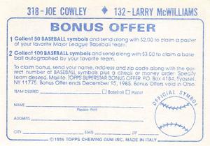 1985 Topps Stickers #132 / 318 Larry McWilliams / Joe Cowley Back