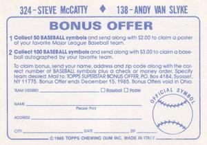 1985 Topps Stickers #138 / 324 Andy Van Slyke / Steve McCatty Back