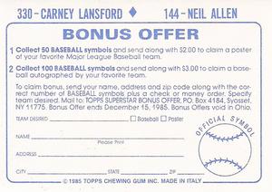1985 Topps Stickers #144 / 330 Neil Allen / Carney Lansford Back