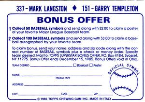 1985 Topps Stickers #151 / 337 Garry Templeton / Mark Langston Back
