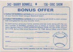1985 Topps Stickers #156 / 342 Eric Show / Barry Bonnell Back