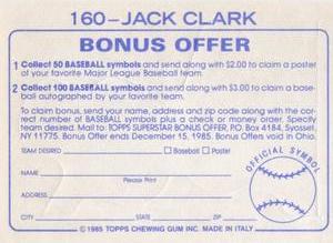 1985 Topps Stickers #160 Jack Clark Back