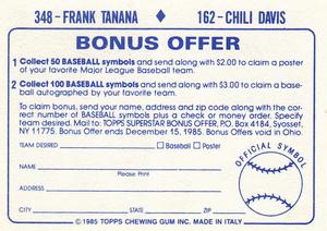 1985 Topps Stickers #162 / 348 Chili Davis / Frank Tanana Back