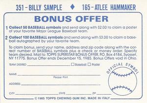 1985 Topps Stickers #165 / 351 Atlee Hammaker / Billy Sample Back
