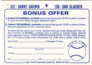 1985 Topps Stickers #166 / 352 Dan Gladden / Danny Darwin Back
