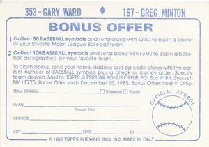 1985 Topps Stickers #167 / 353 Greg Minton / Gary Ward Back
