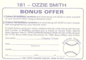 1985 Topps Stickers #181 Ozzie Smith Back