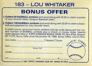 1985 Topps Stickers #183 Lou Whitaker Back