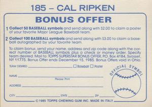 1985 Topps Stickers #185 Cal Ripken Back