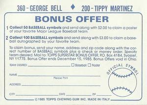 1985 Topps Stickers #200 / 360 Tippy Martinez / George Bell Back