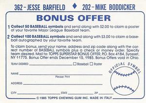 1985 Topps Stickers #202 / 362 Mike Boddicker / Jesse Barfield Back