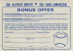 1985 Topps Stickers #206 / 366 John Lowenstein / Alfredo Griffin Back