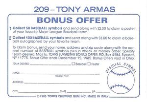 1985 Topps Stickers #209 Tony Armas Back