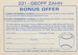 1985 Topps Stickers #221 Geoff Zahn Back