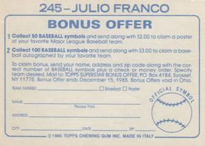 1985 Topps Stickers #245 Julio Franco Back