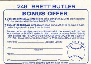 1985 Topps Stickers #246 Brett Butler Back