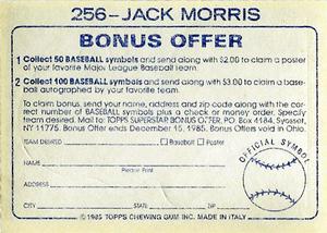 1985 Topps Stickers #256 Jack Morris Back