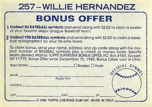 1985 Topps Stickers #257 Willie Hernandez Back
