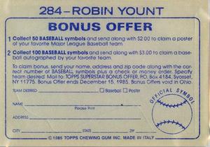 1985 Topps Stickers #284 Robin Yount Back