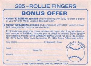 1985 Topps Stickers #285 Rollie Fingers Back